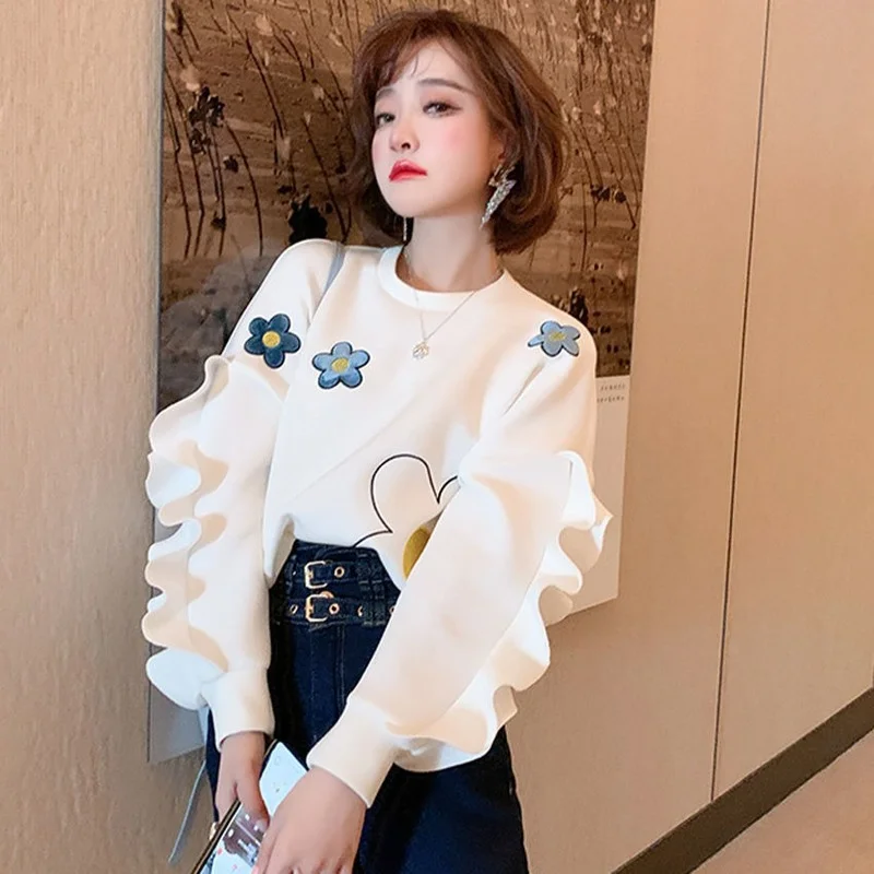 Women's Sweatshirt With Orint On Pullovers Round Neck White Woman Clothing Korean Top Fashion New In Offer Elegant Hot 2000s E