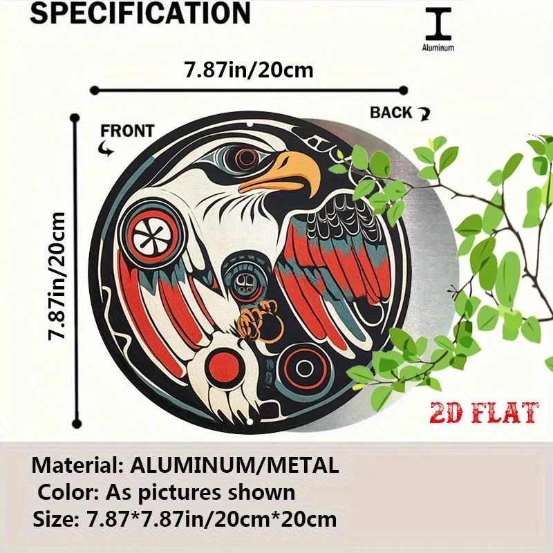 2D Flat 1-Piece Eagle Round Aluminum Sign, Peak Metal Tin Sign, Feather 7.87X7.87