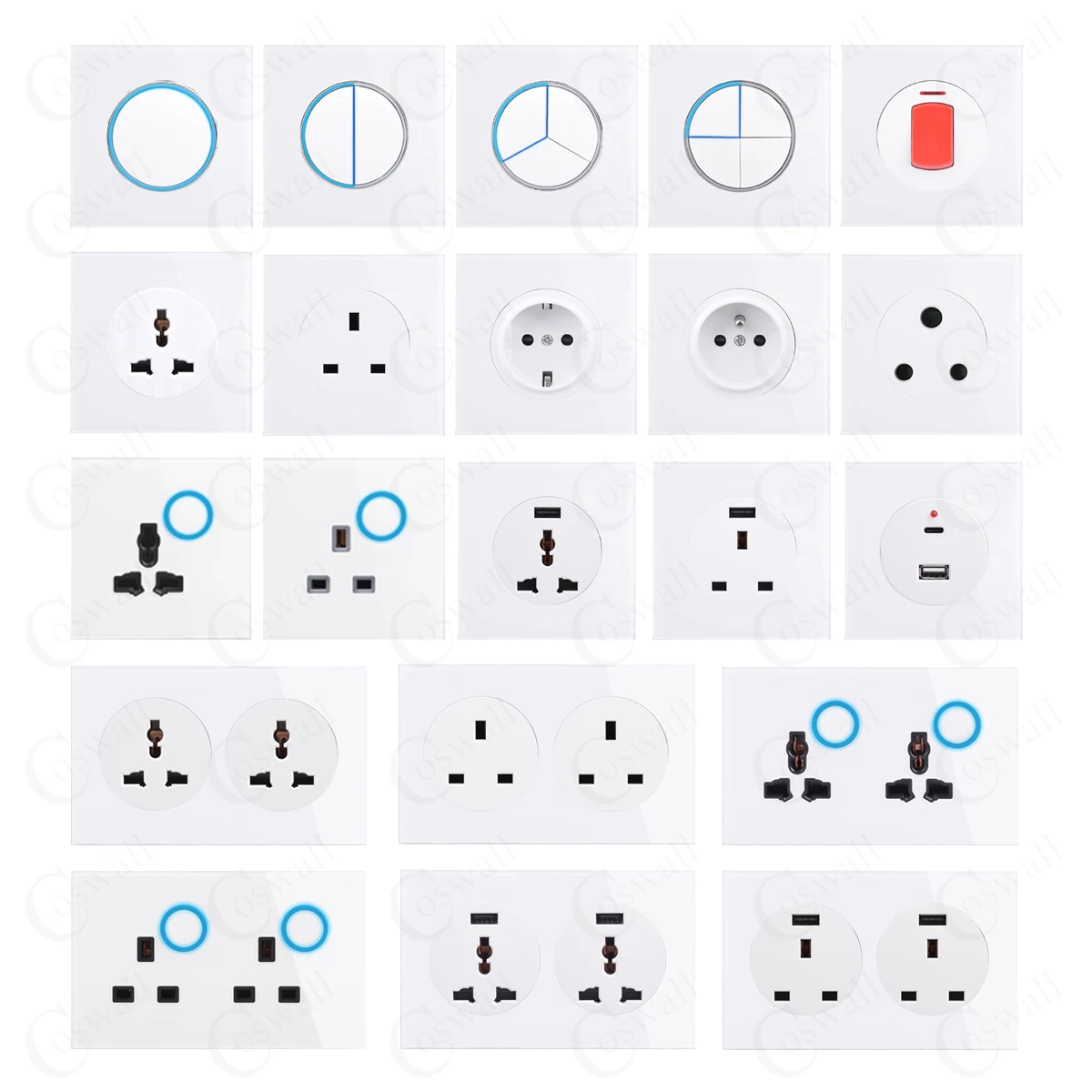 COSWALL 1/2/3/4 Gang 1/2 Way On / Off Wall Light Switch Large Aperture LED Backlight White