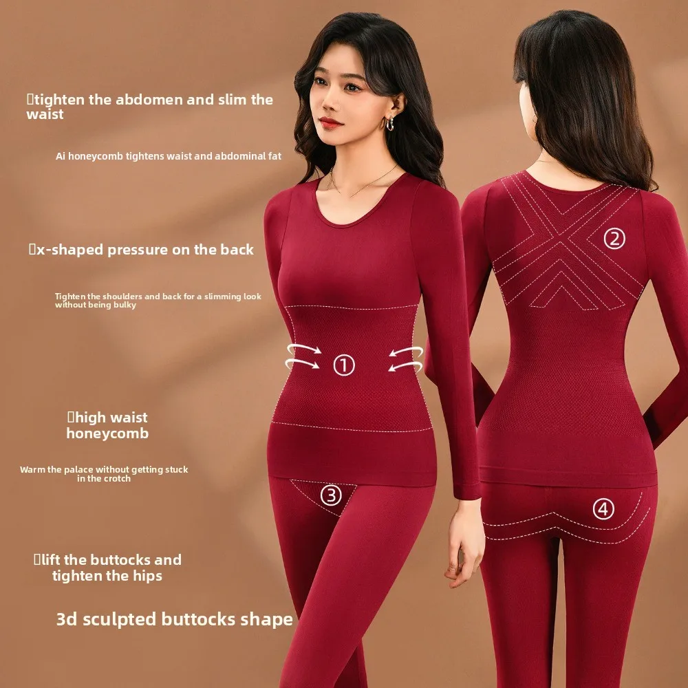 

Tops Pants Women Thermal Underwear Lingerie Round Neck Thermal Clothes Set Solid Color Winter Warmth Long Underwear Girl