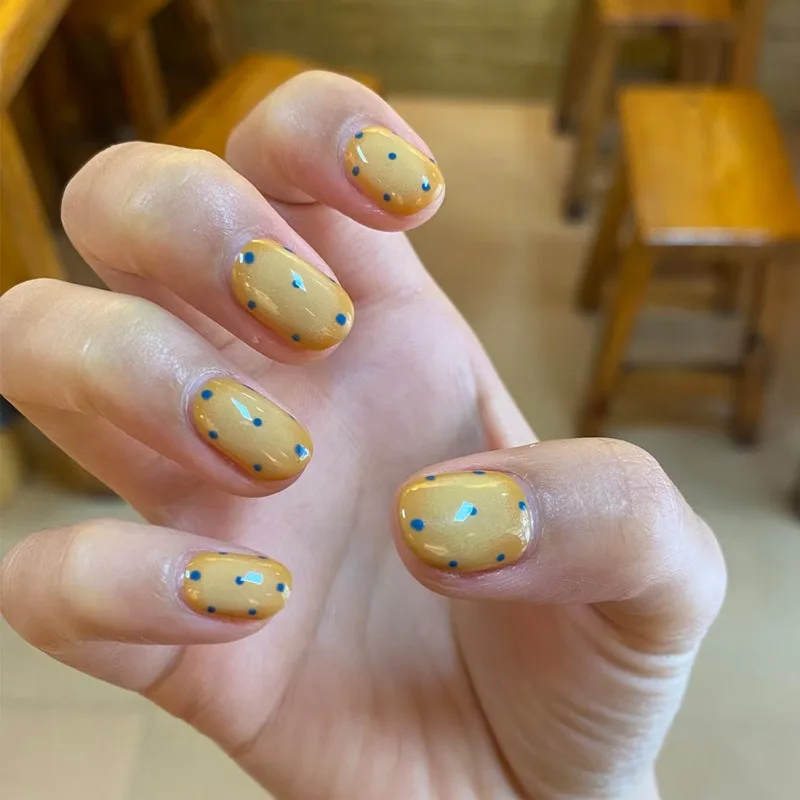 

30pcs False Nails Short Simple Design in Lemon Yellow and Light Blue Polka Dots Press-on Nails Perfect As A Gift for Girls