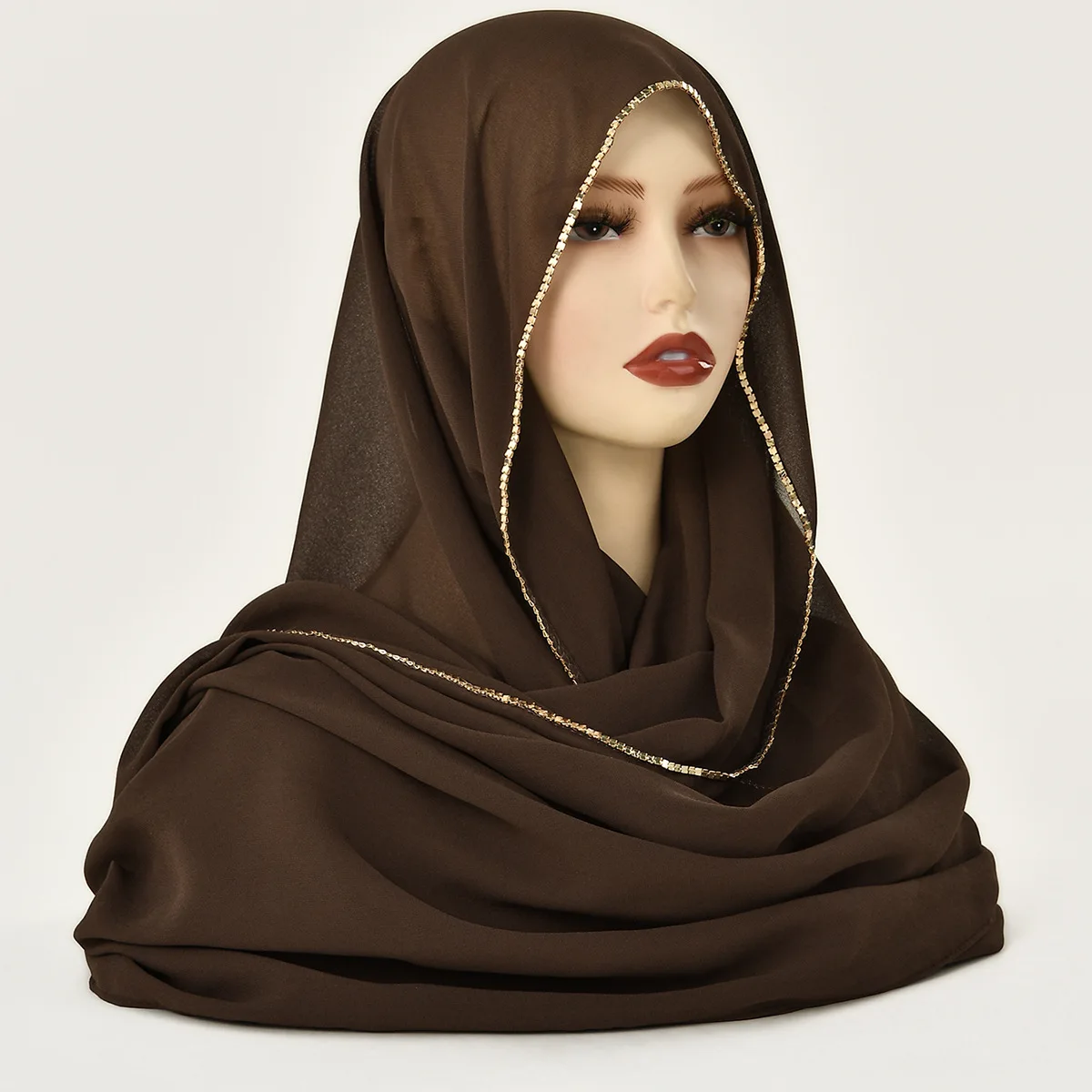 

Muslim Pearl Chiffon Hijab Women Scarf Shiny Metal Chain Edge Good Stitch Chiffon Shawl Solid Color Plain Turban Headband Mujer