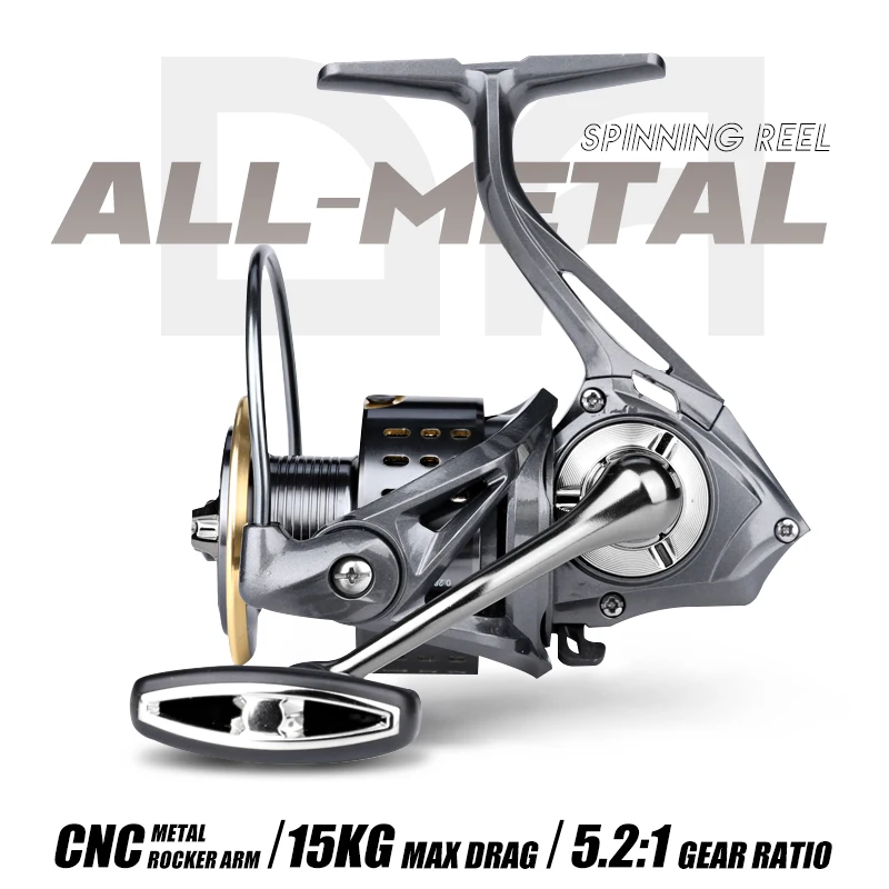 Спиннинговая катушка DEUKIO 5,2:1 MAX, мощность сопротивления, 15 фунтов, рыболовная катушка, металлическая ручка катушки, прочная для соленой и пресной воды