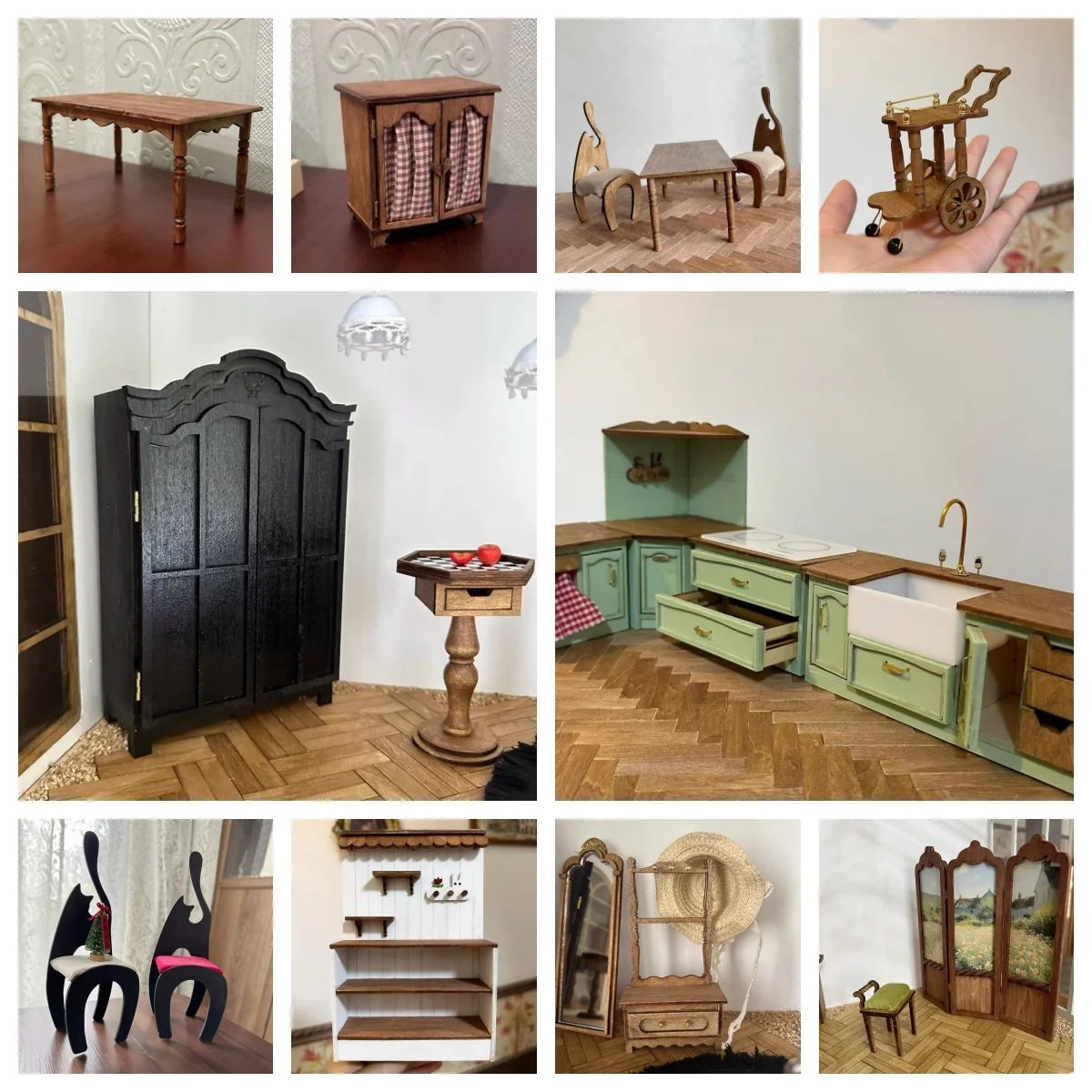 

1/12 Miniature Dollhouse Furniture Set Wardrobe Chair Screen 1/6 Miniature Kitchen Sink Cabinet Stove Miniature Wood Crafts Diy