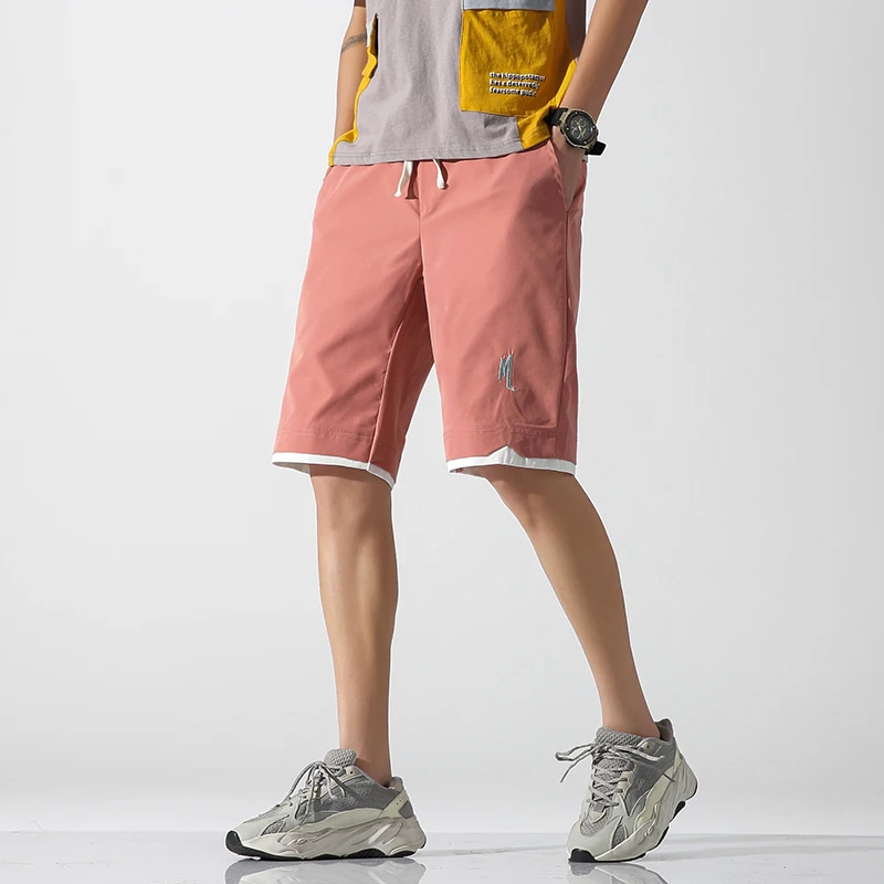 

Summer Men's Solid Color Letter Embroidered Pockets with Elastic High Waisted Casual Straight Sweatpants Preppy Style Shorts