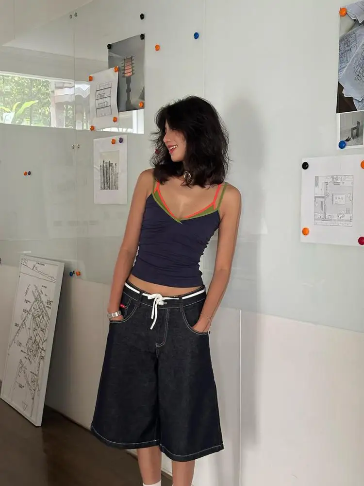 Yedinas streetwear 패치 워크 캐미솔 민소매 티셔츠 홀터 탑 2000 년대 의류 y2k 슬림 편안한 한국어 camis 여름 세련된