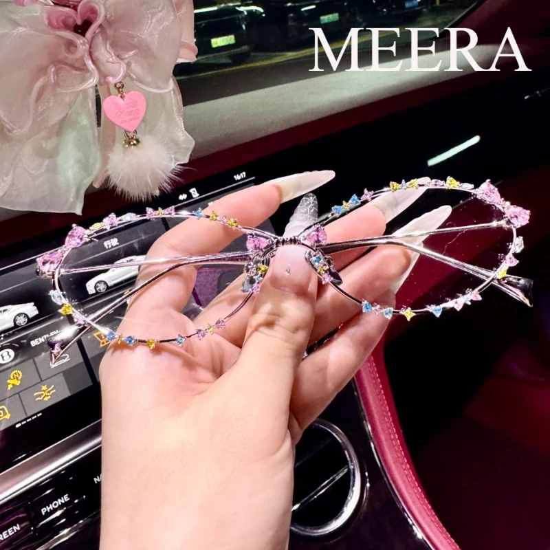 

New Personalized Sweet gemstones eyeglasses frame Diamond Small Frame Elliptical Optics Glasses Anti Blue Light sunglasses uv400