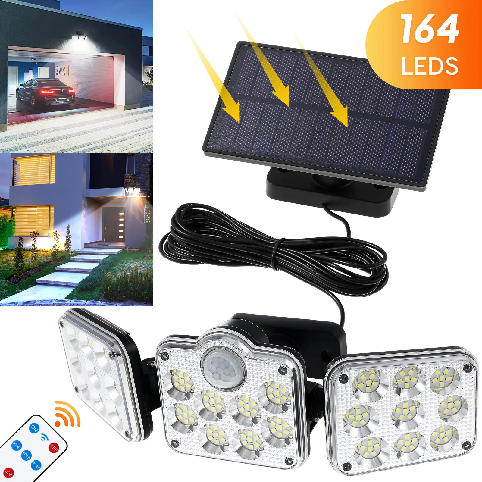 Triple Head Solar Motion Sensor Light Outdoor Security Lamp 164 LED for Yard Sidewalk Wall with Remote