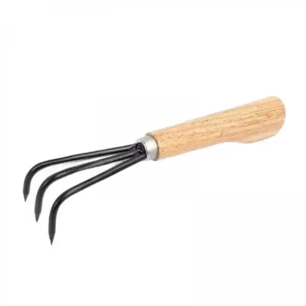 Gardening Rake Handheld 3 Prong Cultivator Compact Metal Wood Tool for Weeding Loosening Soil Planting Garden Tasks