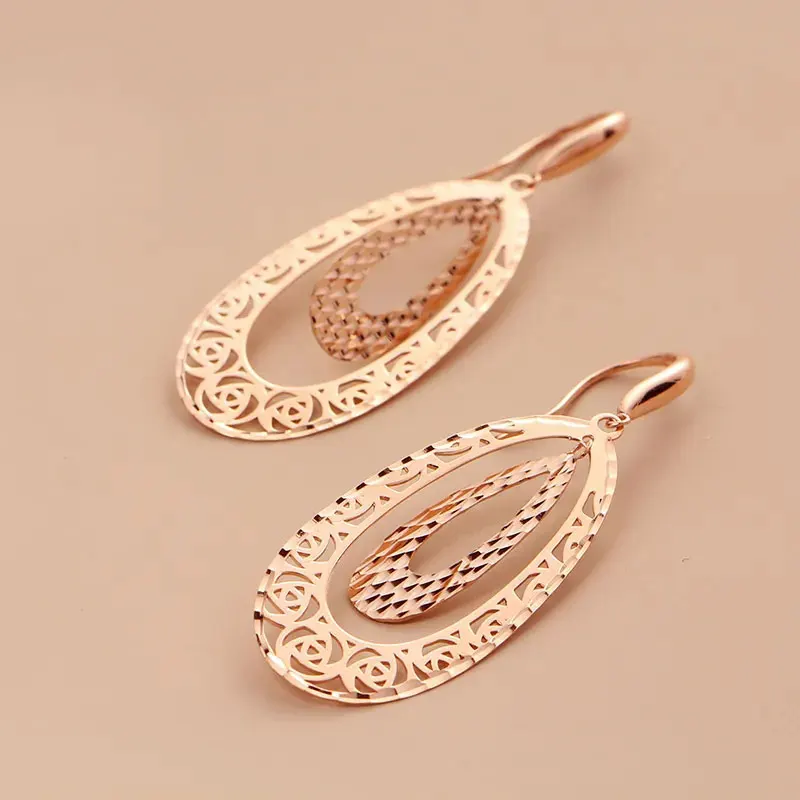 

585 Purple Gold Double Layer Droplet earrings for women Plated 14K Rose Gold stud earings New in Luxury Wedding Jewelry