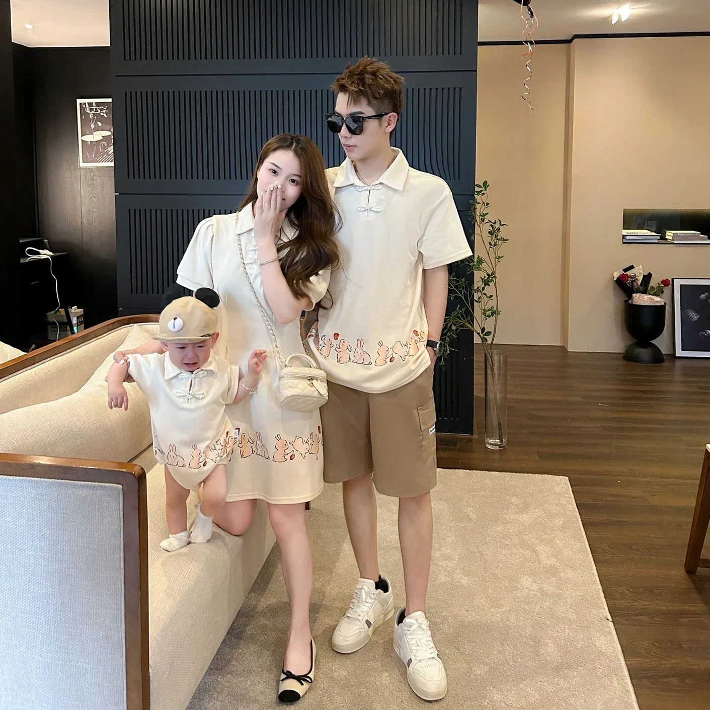 2023 Summer Family Clothes Matching Mommy and Baby Matching Dress Like Mother Like Daughter Rabbit Dresses Father and Son Shirt