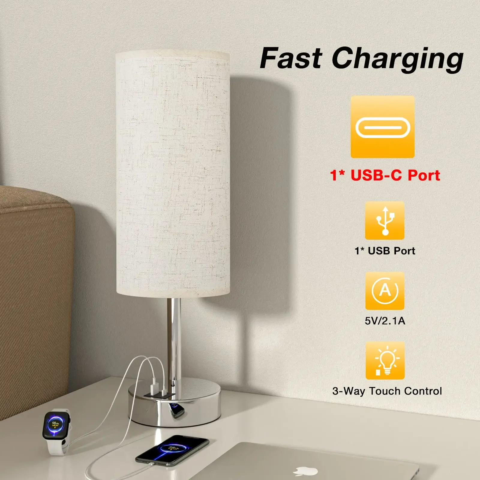 Small Bedside Lamp Led Table Lamp with USB A+C Port USB Fast Charging  Light Touch Control Bedside Night Light Home Decoration