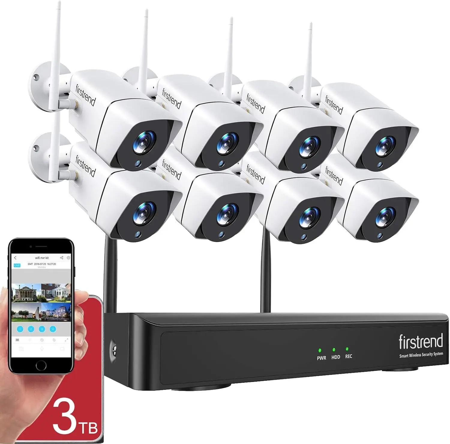 Bezprzewodowy system kamer bezpieczeństwa 1080P, bezprzewodowy system NVR Firstrend 8CH z 8 kamerami bezpieczeństwa HD 1080P i dyskiem twardym 3 TB