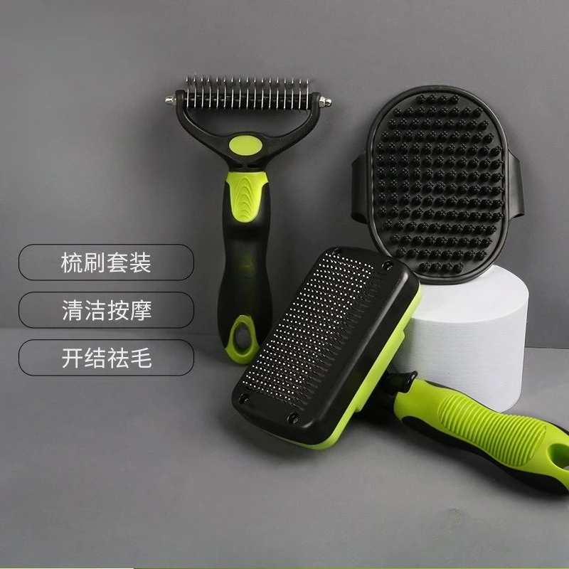 2026 3Pcs Pet Grooming Comb Set One Button Deshedding & Knotting Brush Massage Bath Brush For Dogs