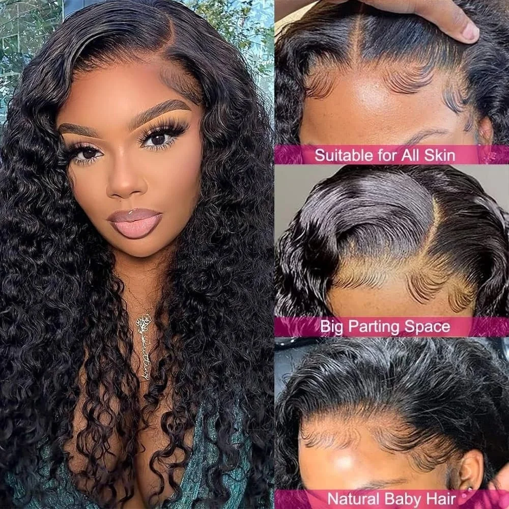 Renda depan HD 13x4 inci wig rambut manusia ketebalan 180% gelombang air renda warna alami renda transparan 1B untuk wanita