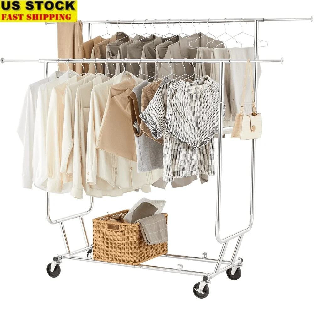 

Heavy Duty Rolling Adjustable Garment Rack Collapsible Clothing Organizer Metal Portable Clothes Hanger Easy Assembly Indoor