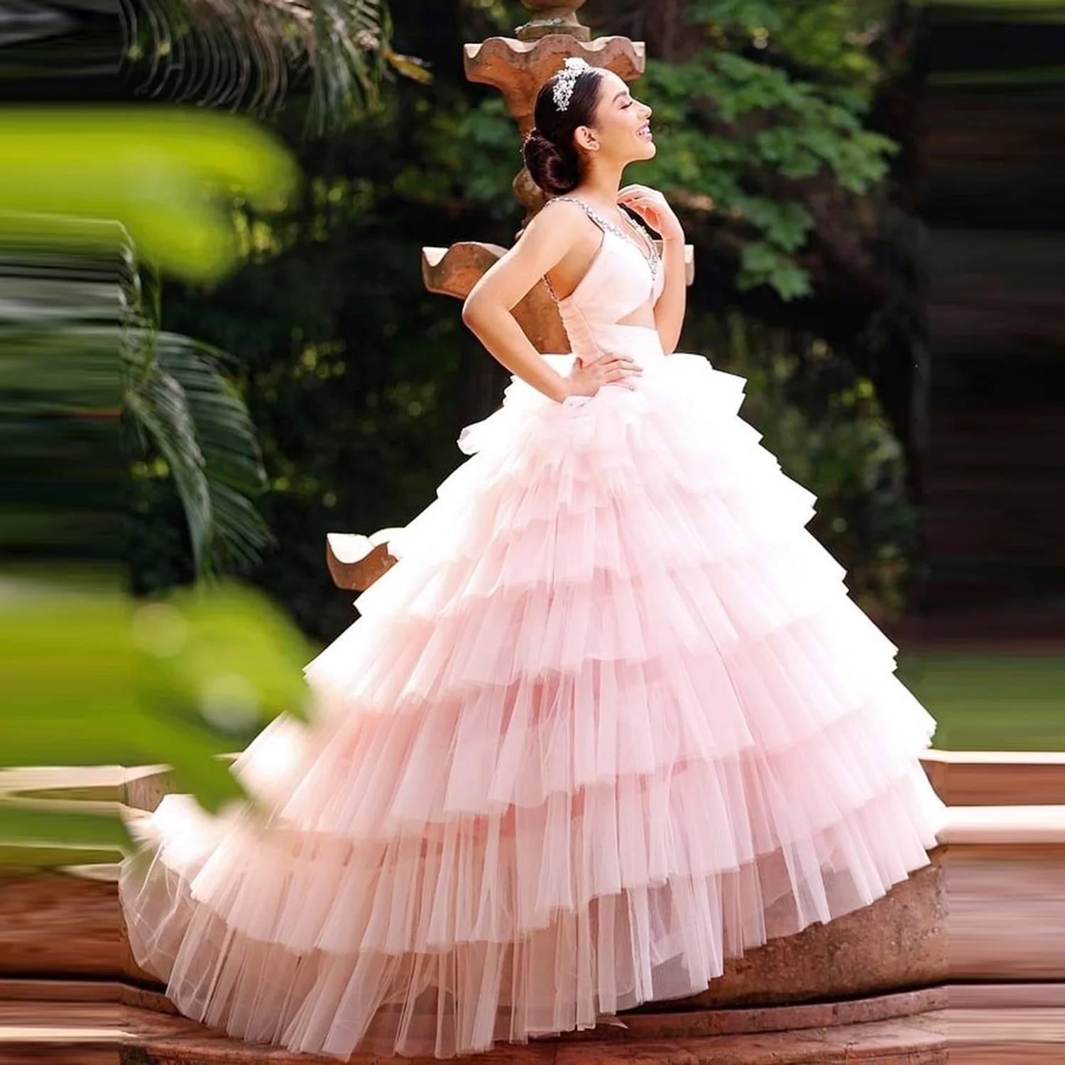 

Розовое платье принцессы для выпускного вечера с глубоким V-образным вырезом, многоуровневое тюлевое пышное вечернее платье для девочек, платье для дня рождения, официальная одежда, свадебные платья