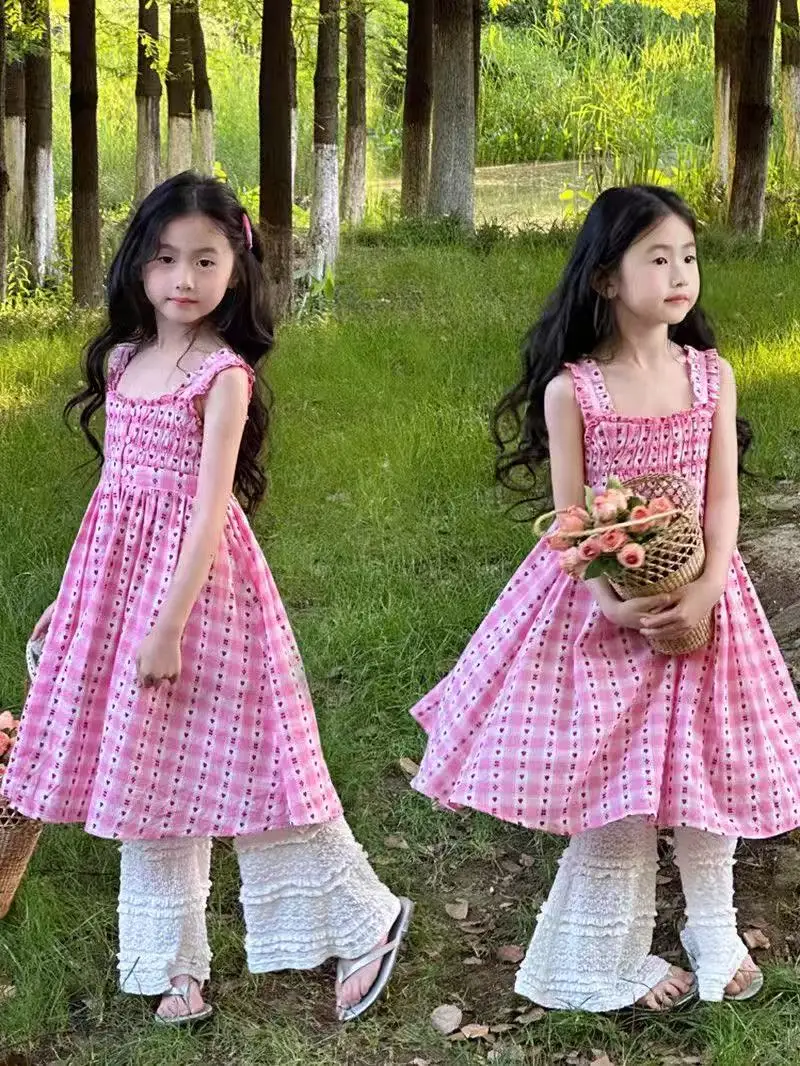 

Girls' Fashionable Dress Checkered Pattern 2026 Summer New Style Girls' Vest Dress Floral Summer Dress With Straps