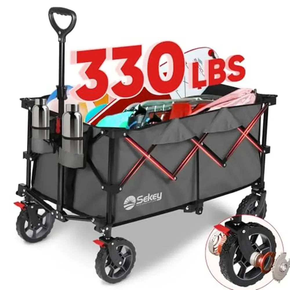 Heavy Duty Folding Wagon Cart with All-Terrain Wheels & Drink Holders 330lbs Capacity Easy Fold Storage No Assembly Required