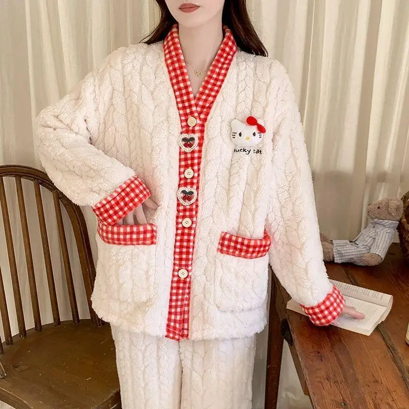 

Sanrio Leisure Hello Kitty Popular Pajamas Set Coral Fleece Women Plus Size Homewear Autumn Winter Fleece Lined Thickened New