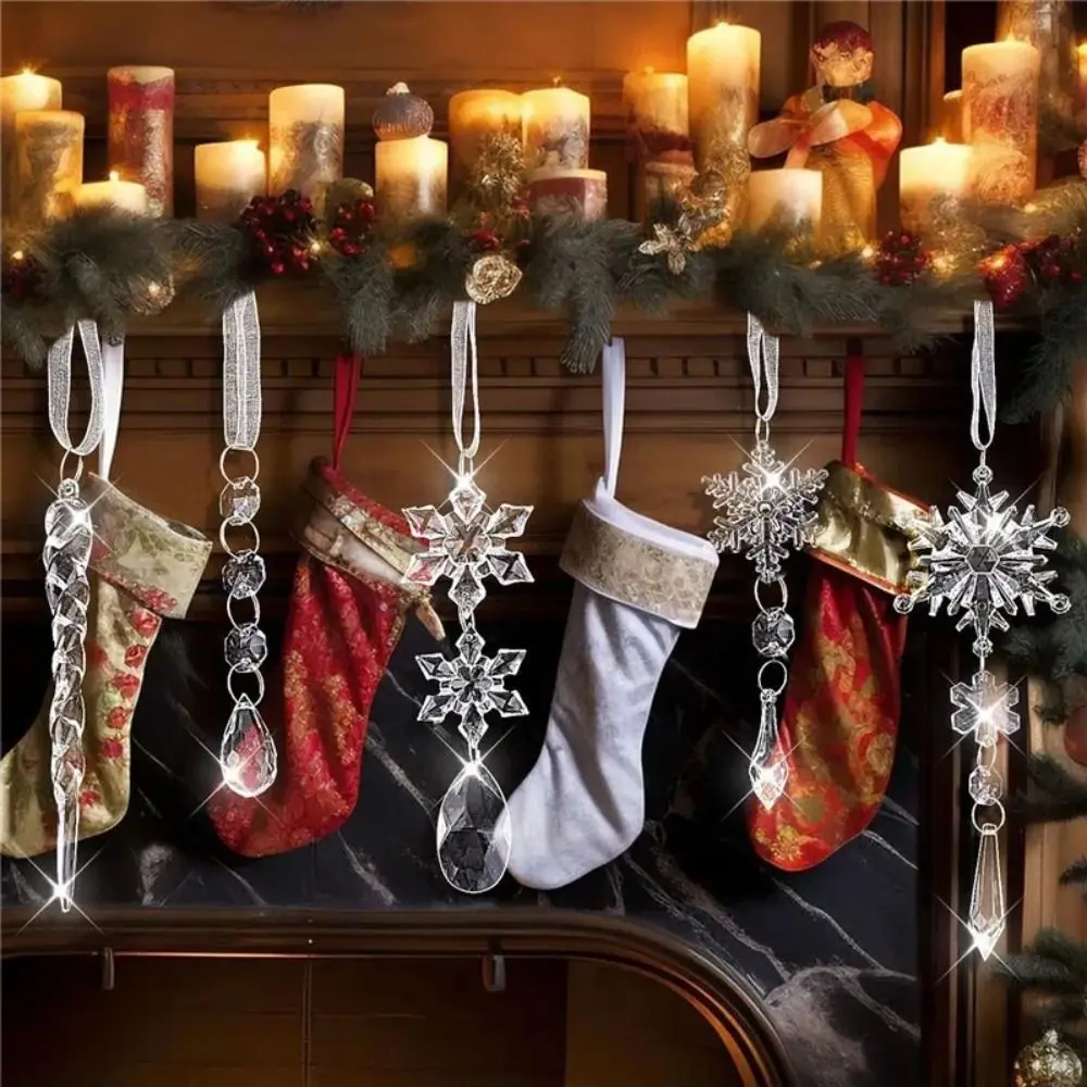 

10Pcs Simulation Snowflake Ice Strip Pendants Decorative DIY Christmas Snowflake Icicle Pendants with Ribbons Elegant