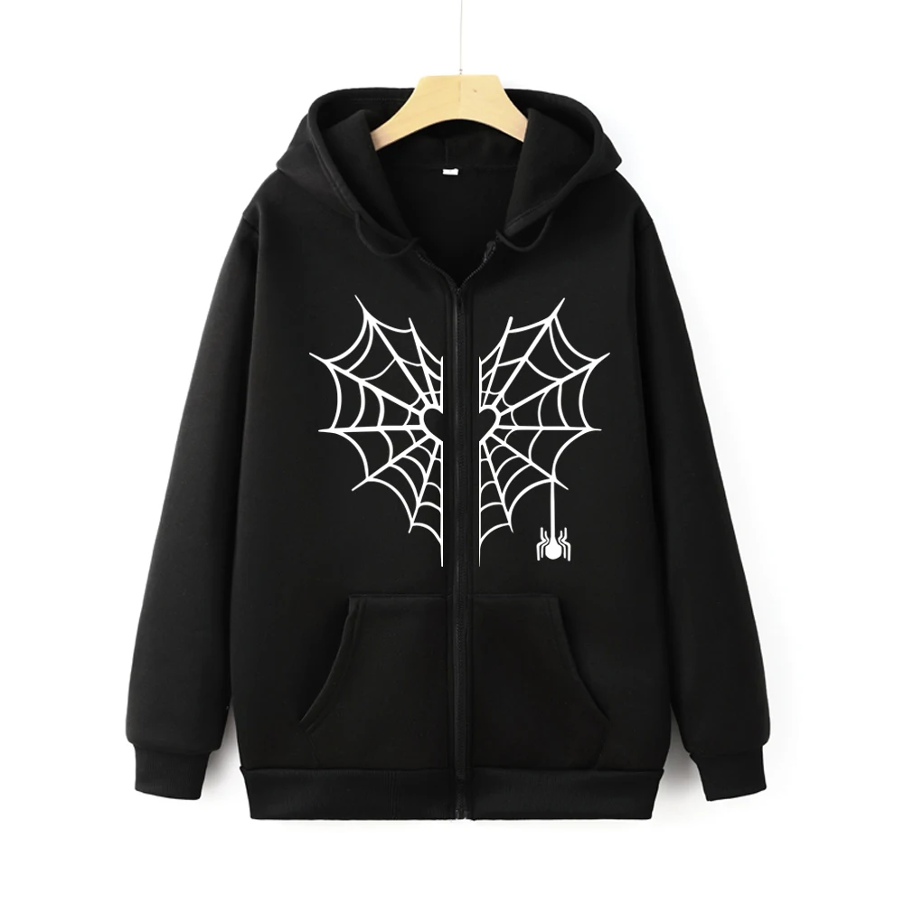 

Casual Vintage Y2K Zipper Sweatshirt Harajuku Spider Web Print Unisex Zip-up Hoodie Autumn Fashion Spiderweb Graphic Zip Hoody