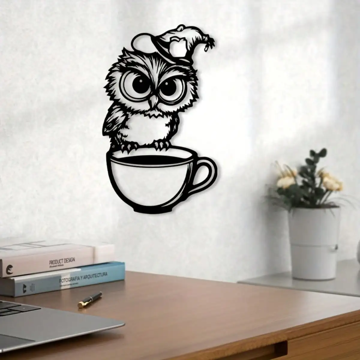 Metal Wall Art Owl In Cup Retro Black Brown Iron Rustic Hanging Decor for Bird Lover Christmas Gift