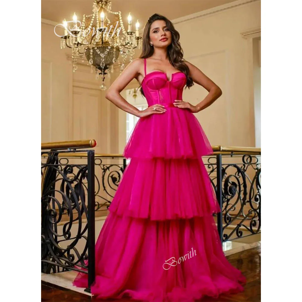 

Bowith Fuchsia Spaghetti Strap Evening Party Dress Corset A Line Tiered Prom Gown Cocktail Dress vestidos de noche