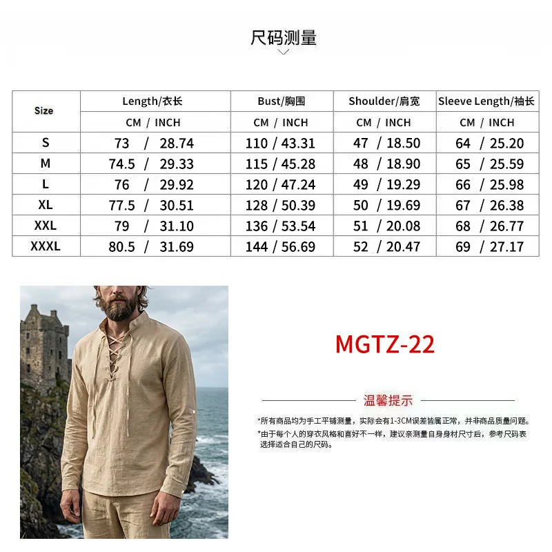 2026 Herren Vintage Mittelalterliches Leinenhemd mit Schnürung, Langarm, Henley-Ausschnitt, Locker Geschnitten, Piraten-Cosplay, Strand, Freizeit, Urlaub, Alltagshemd – Detail 1