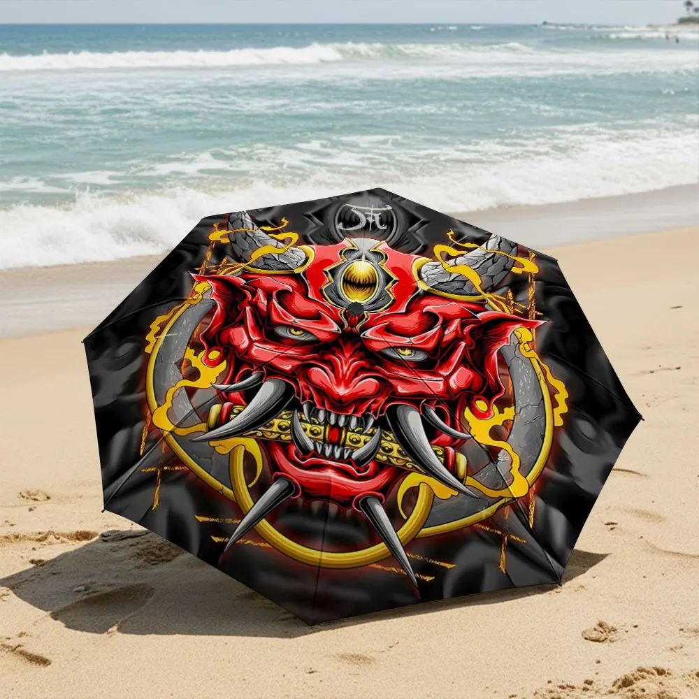 "Red Demon with Horns Graphic on Black Umbrella" Compact Fashion Folding Umbrella for Daily Use, Christmas Gift