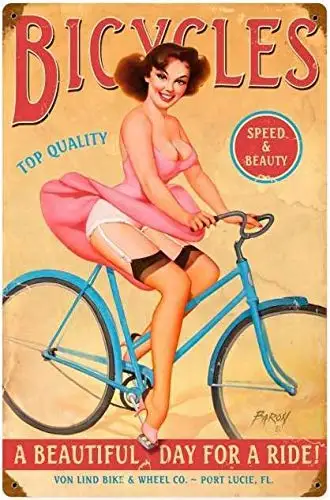 Retro Vintage Bicycles Pin Up Girl Metal Tin Sign Home Bar Cafe Retaurant Wall Decor Signs 12x8inch