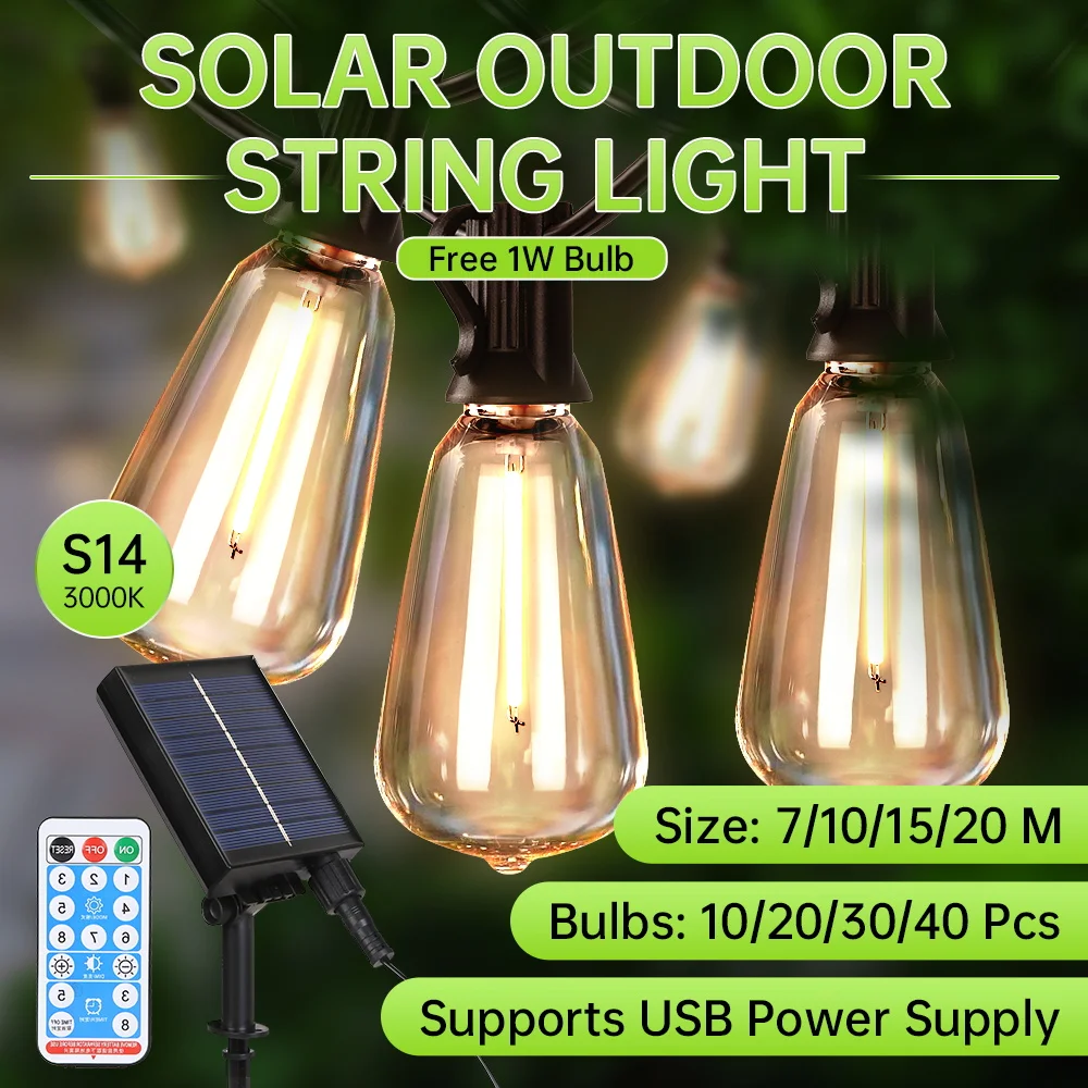 Outdoor Solar Light String Warm Light 20M 10M Waterproof Atmosphere Light With Remote Control Garden Lamp Party Camping Street