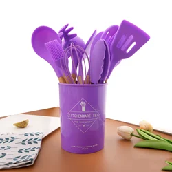 Purple Home Kitchen Silicone Cooking Utensils Set Non-stick Spatula Wooden Handle Heat Resistant Kitchenware Tools Accessories