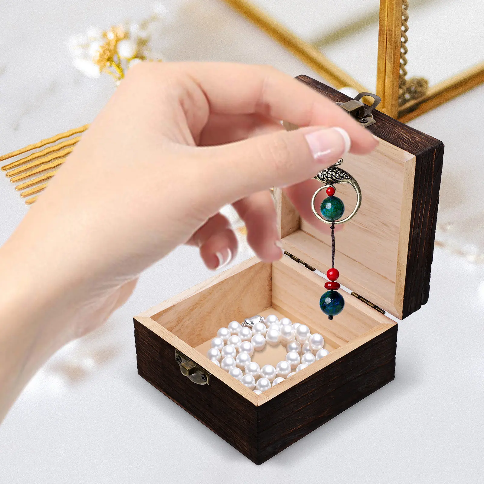 Rustic Wooden Jewelry Box with Lid Small Storage Case for Rings Earrings Bracelets Trinkets Desktop Decorative Organizer