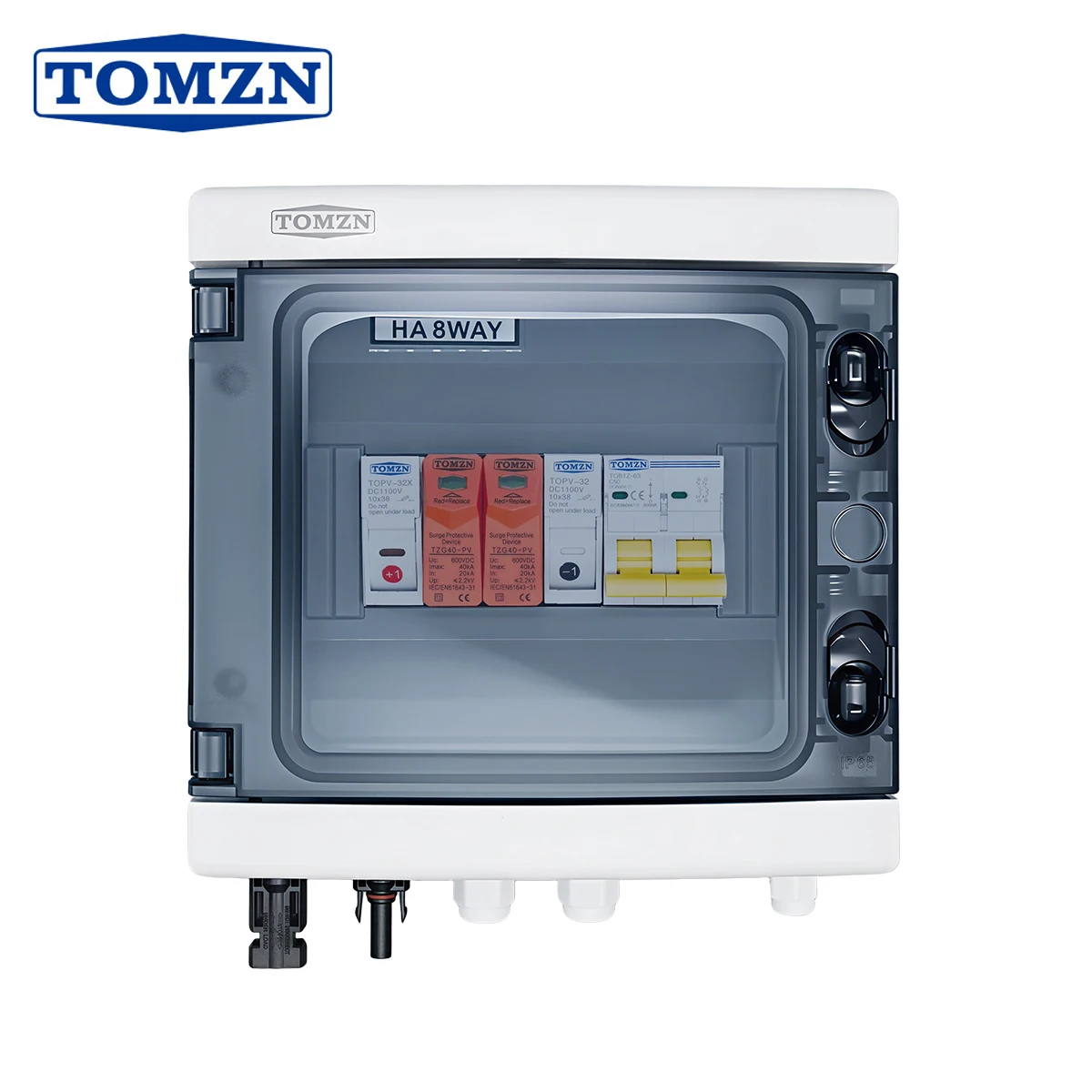 TOMZN Solar Photovoltaic PV Combiner Box Short-circuit Lightning Protection 1 IN 1 OUT DC 600V Fuse MCB SPD Waterproof Box IP65