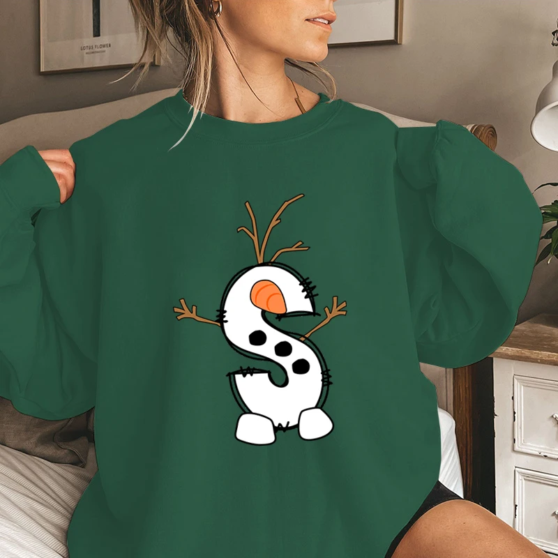 Women Print Cute Christmas Snowman Alphabet Pullover Long Sleeve Creative Cartoon Letter Y2K Hoodie Merry Christmas Sweatshirts