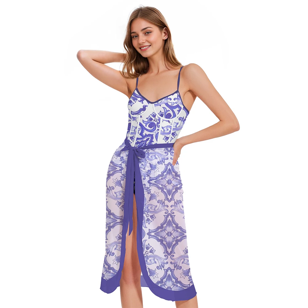 Blue Printed One Piece Swimsuit Women Bathing Suit Female Swimwear Girls Summer Beachwear Swimming Suit