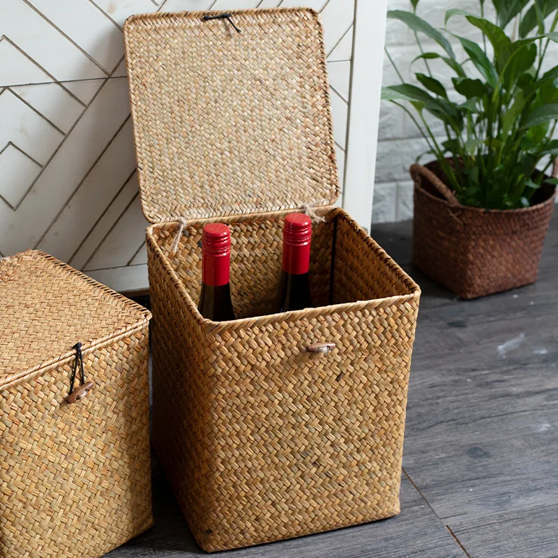 Woven Seagrass Storage Baskets Seaweed Weaving Storage Box Dirty Clothes Baskets with lid Wicker Straw Rattan Sundries Organizer