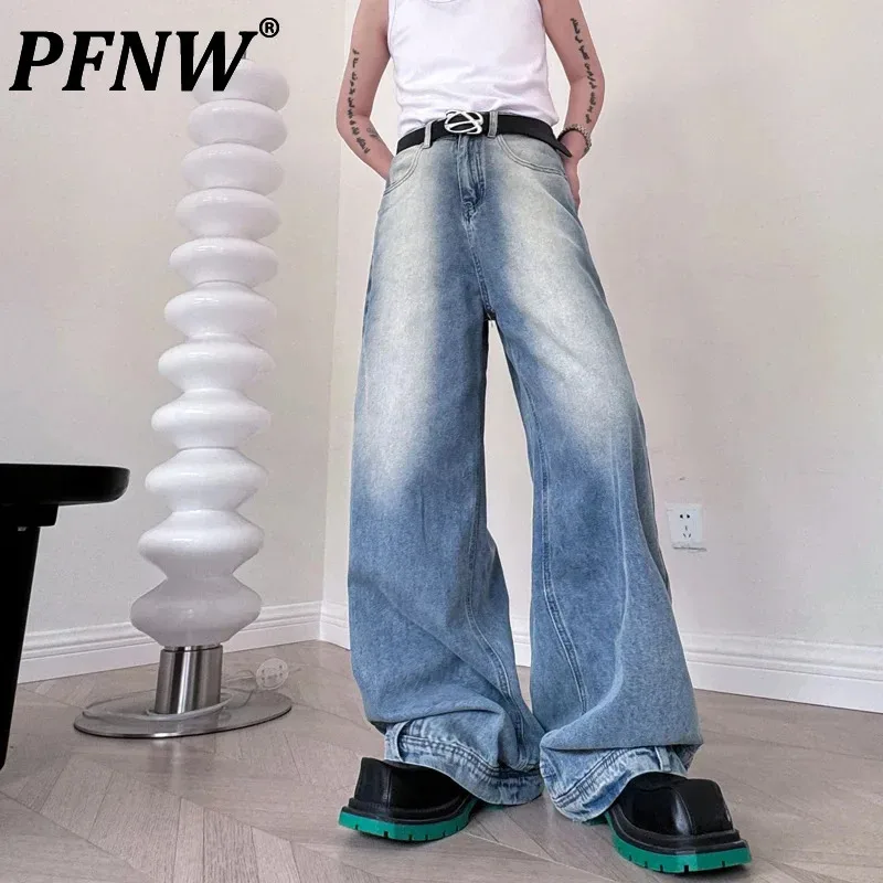 PFNW American Jeans Men's Inverted Streetwear Vintage Reverse Male Personality Straight Denim Pants Hem Pocket Trendy 28W3385