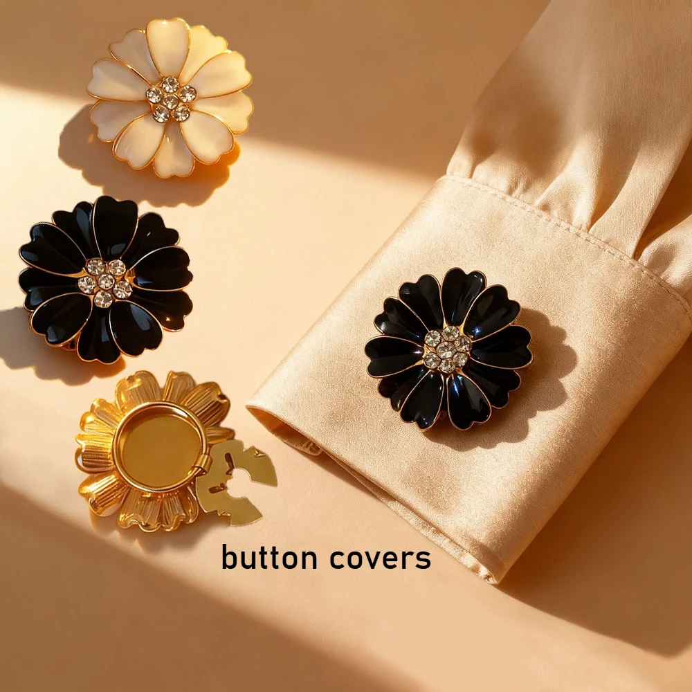 2PCS Fashion Metal Flower with Crystal  Button Covers for DIY Clothing Decorative Button,Alloy Shirt Sleeve Button Decoration
