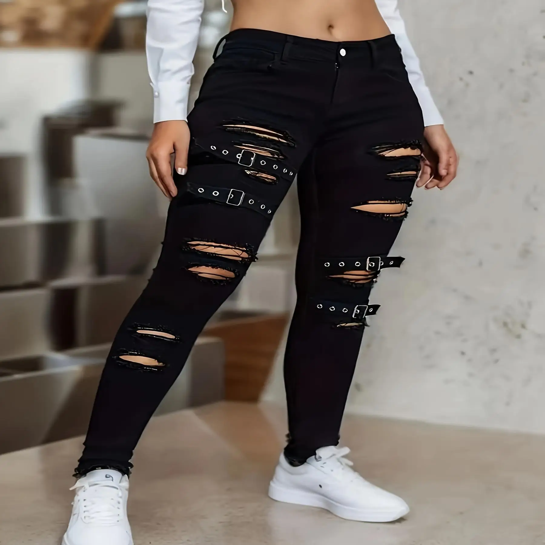 distressed-skinny-pants-belt-buckle-hole-tight-jeans-fashionable-hole-design-belt-buckle-detailing-on-waist-size-s-for-spring