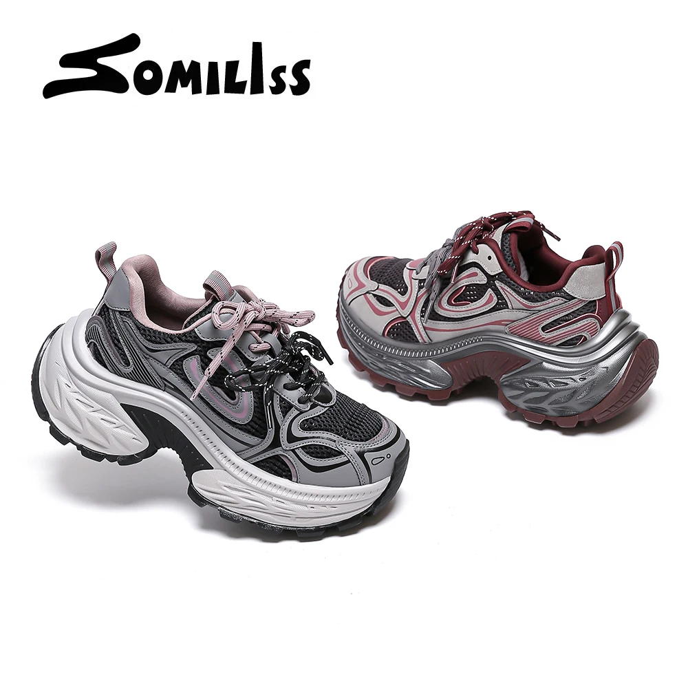 SOMILISS Chunky Sneakers for Women Lace Up Breathable Walking Shoes Thick Sole Dad's Shoes Platform Shoes