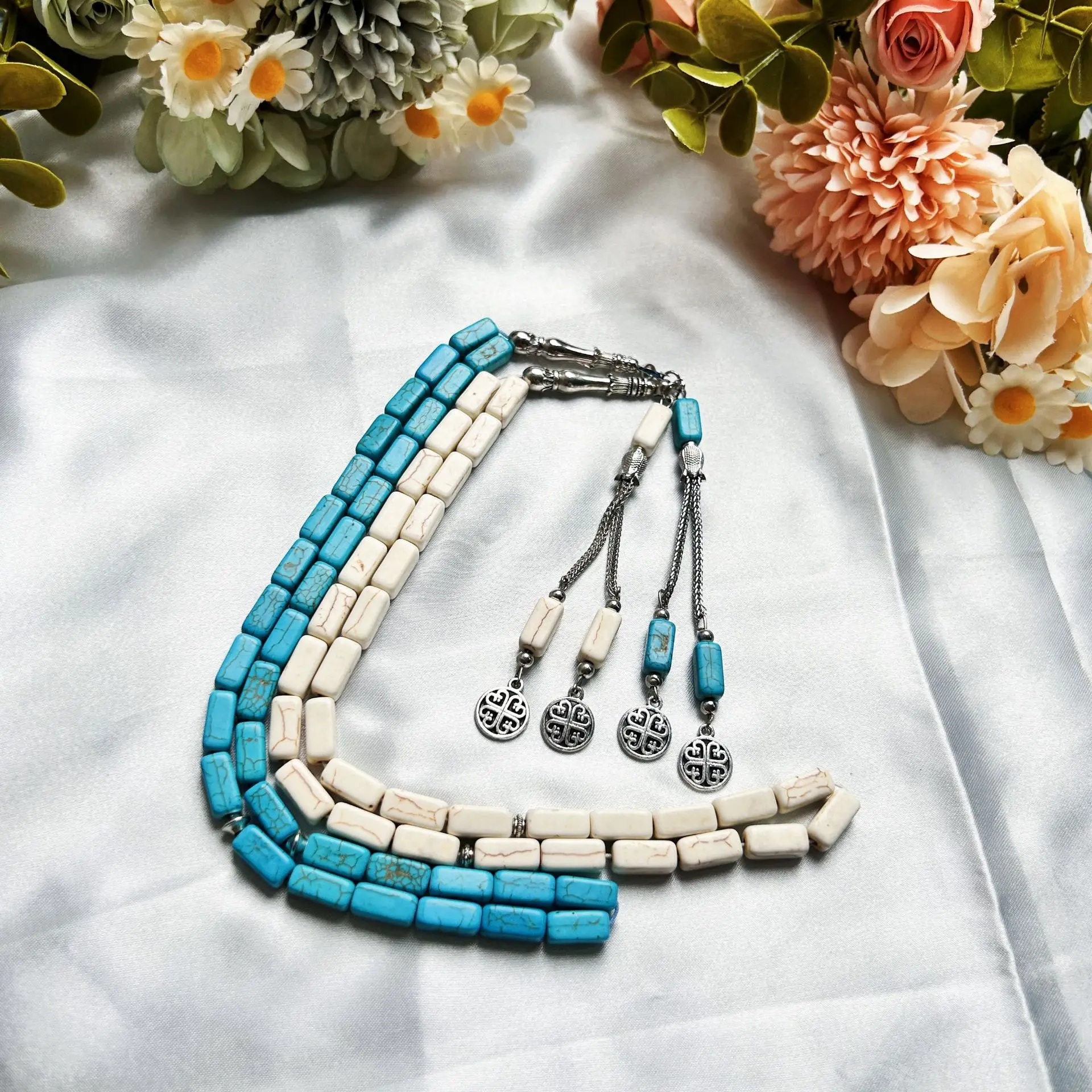 

Simple Daily Islamic Bracelet, 33 Beads Square Turquoise Tasbih for Prayer and Zikr, Muslim Gift