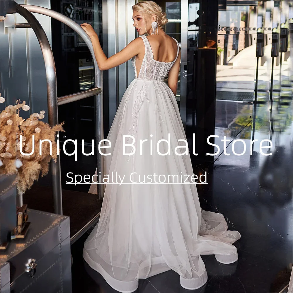 Abiti da sposa vintage eleganti personalizzati Elegante abito da sposa a trapezio aperto sul retro senza maniche Bellissimo applique Nuovo abito da sposa con strascico