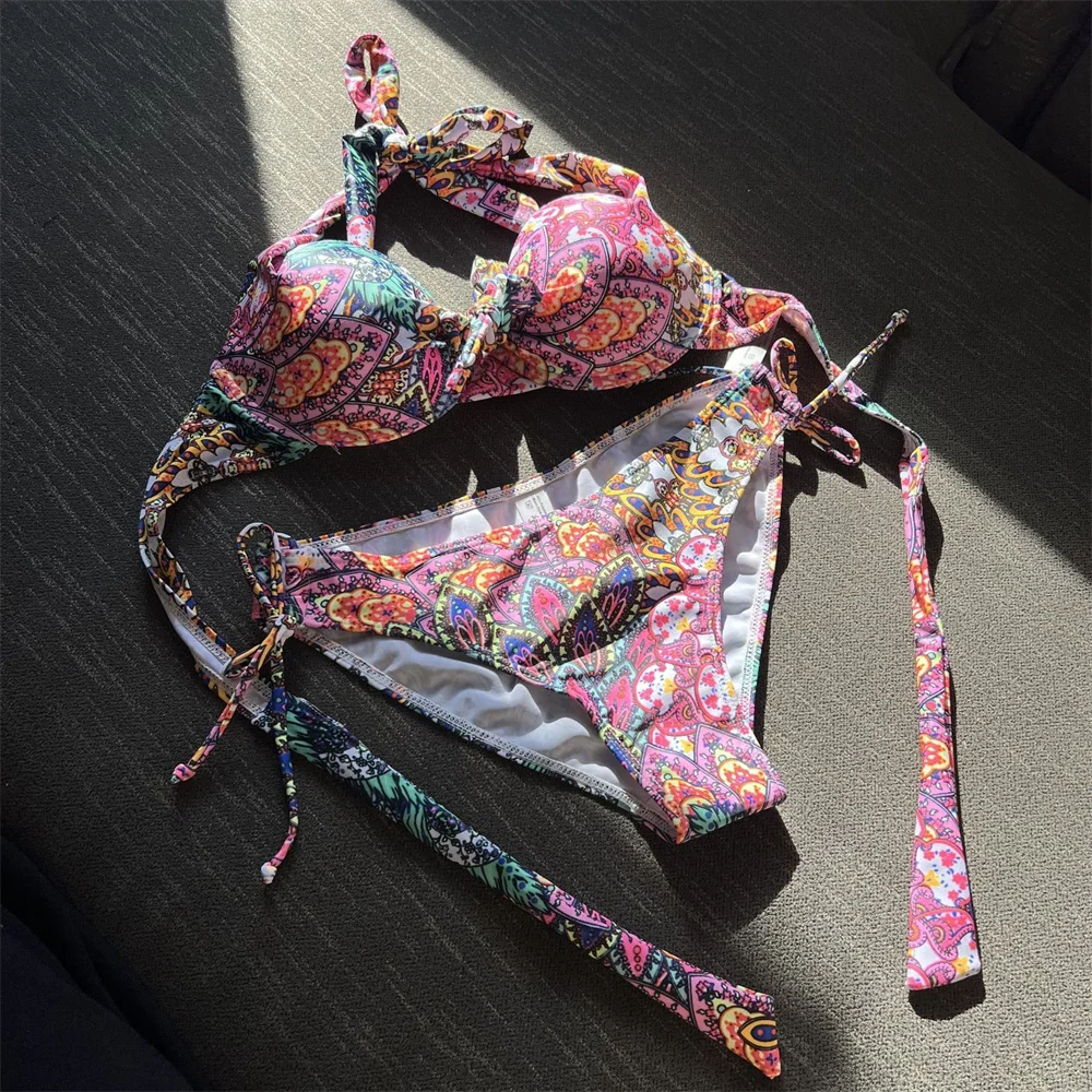 

Vintage Print Bikini Halter Bandage Backless Swimsuit Push Up Vacation Swimwear Women Multicolor Y2K Beach Bathing Swimming Suit