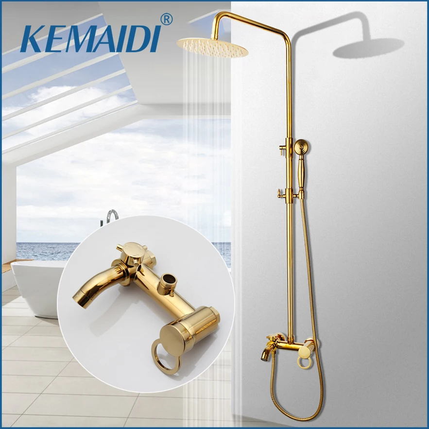 KEMAIDI Bathroom Shower Faucet Set Gold Brass Faucet Set Rainfall  Shower Head Round Wall Mounted Shower Set Bathtub Mixer Tap 