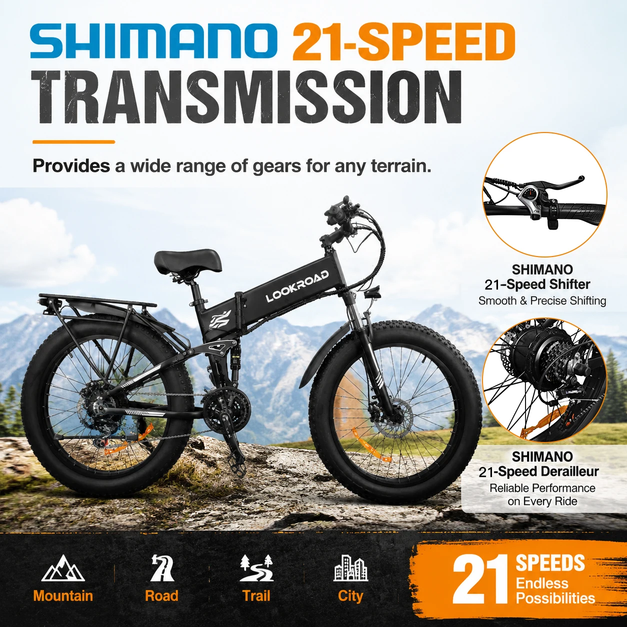 LOOKROAD L26 Bicicletta elettrica con motore da 1000 W, bicicletta elettrica pieghevole per adulti, batteria da 48 V e 15 Ah, pneumatici larghi da 26 x 4,0 pollici, velocità massima di 60 km/h, freni