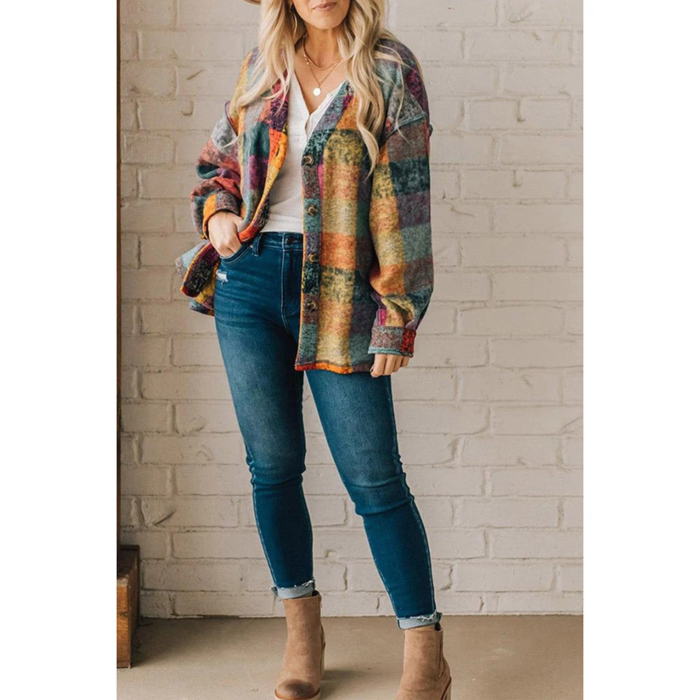 Plus Size Casual Damesjas Veelkleurige Plaid Patchwork Herfstjas Met Enkele Rij Knopen