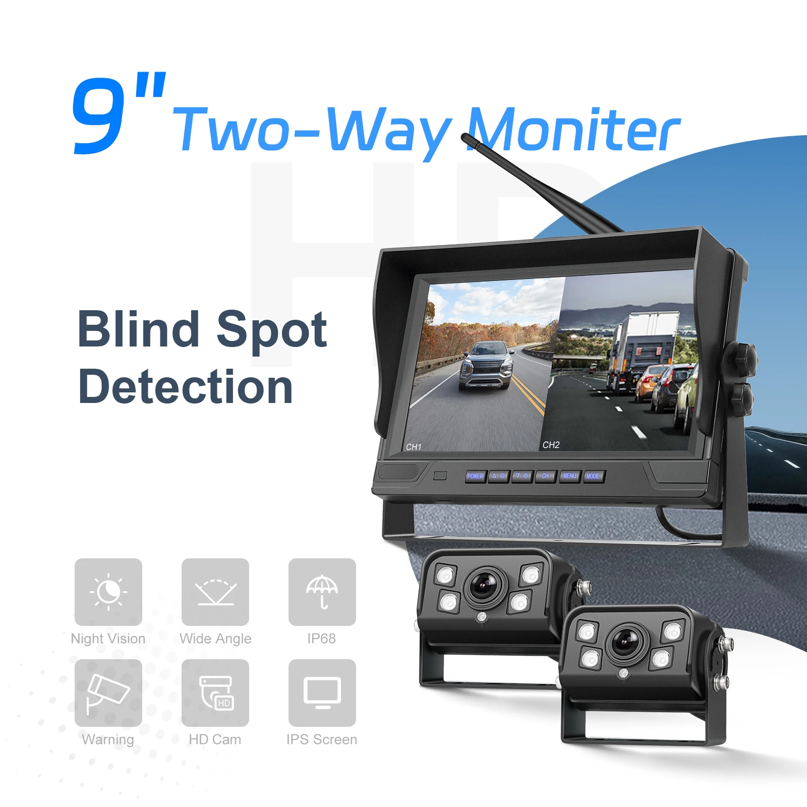 Monitor per auto Degreat da 9 pollici con schermo IPS, dotato di 2 telecamere di retromarcia wireless, impermeabile IP68, con visione notturna a infrarossi e telecamera di supporto per camper.