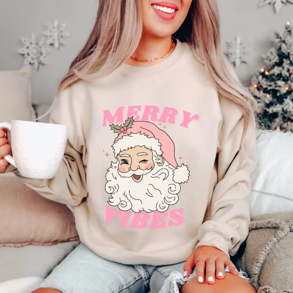 Pink Christmas Sweatshirt for Holiday Season Merry Vibes Pastel Cute Funny Kawaii Xmas Santa Crewneck Sweater